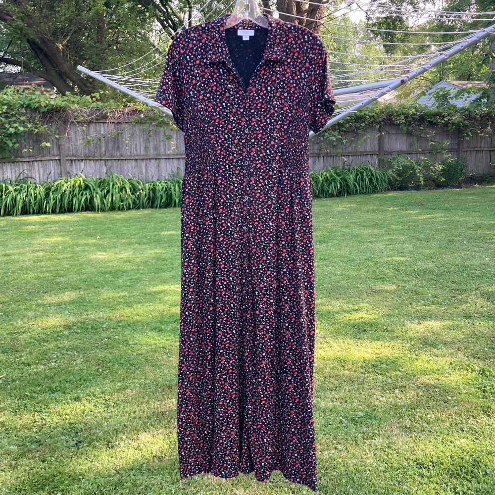 J. Jill Black Maxi Dress with Red and White Floral Dot Print